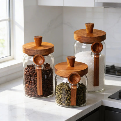 Premium Vorratsglas Set (3-teilig) mit Holzdeckel – Luftdichte Aufbewahrung für Küche