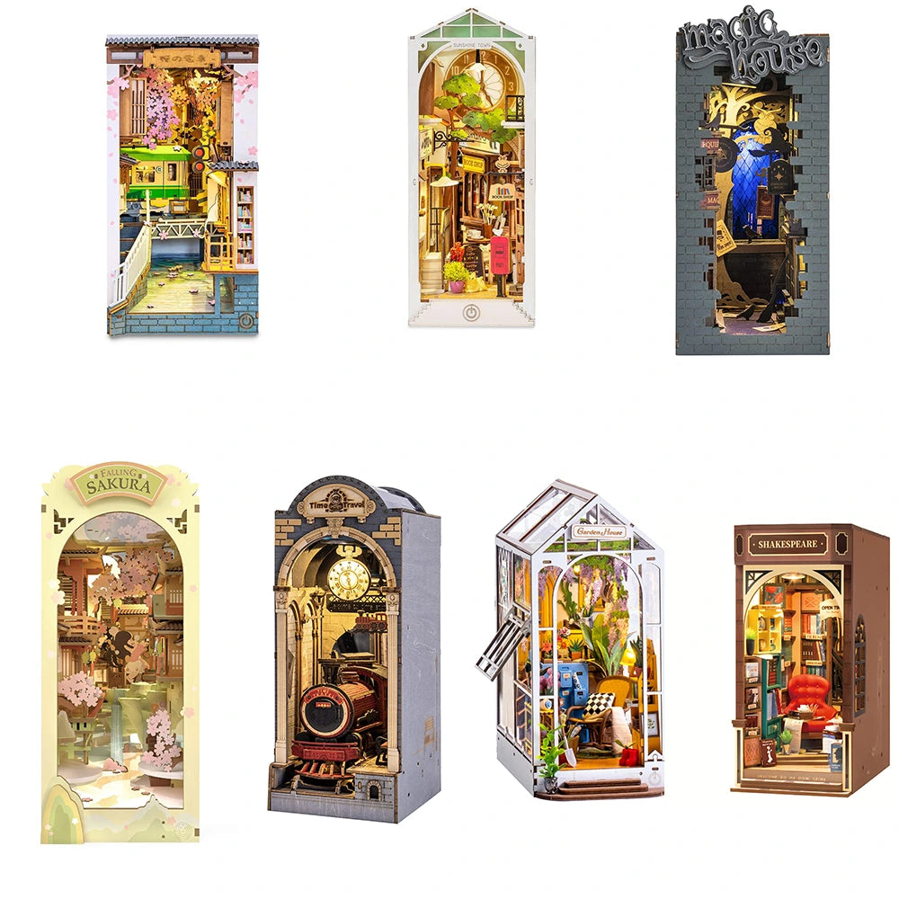Collage of various miniature model houses in packaging on a white background
