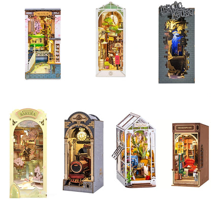 Collage of various miniature model houses in packaging on a white background