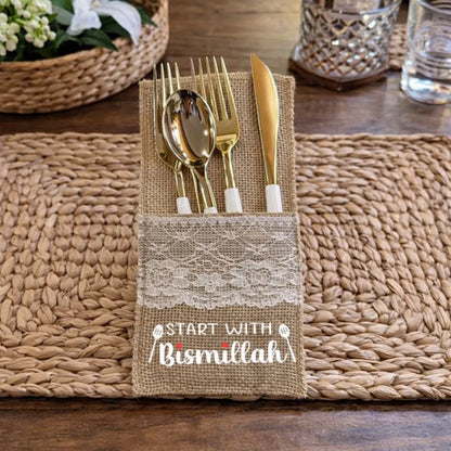 Close-up of Bismillah printed burlap cutlery holder rustic fabric detail