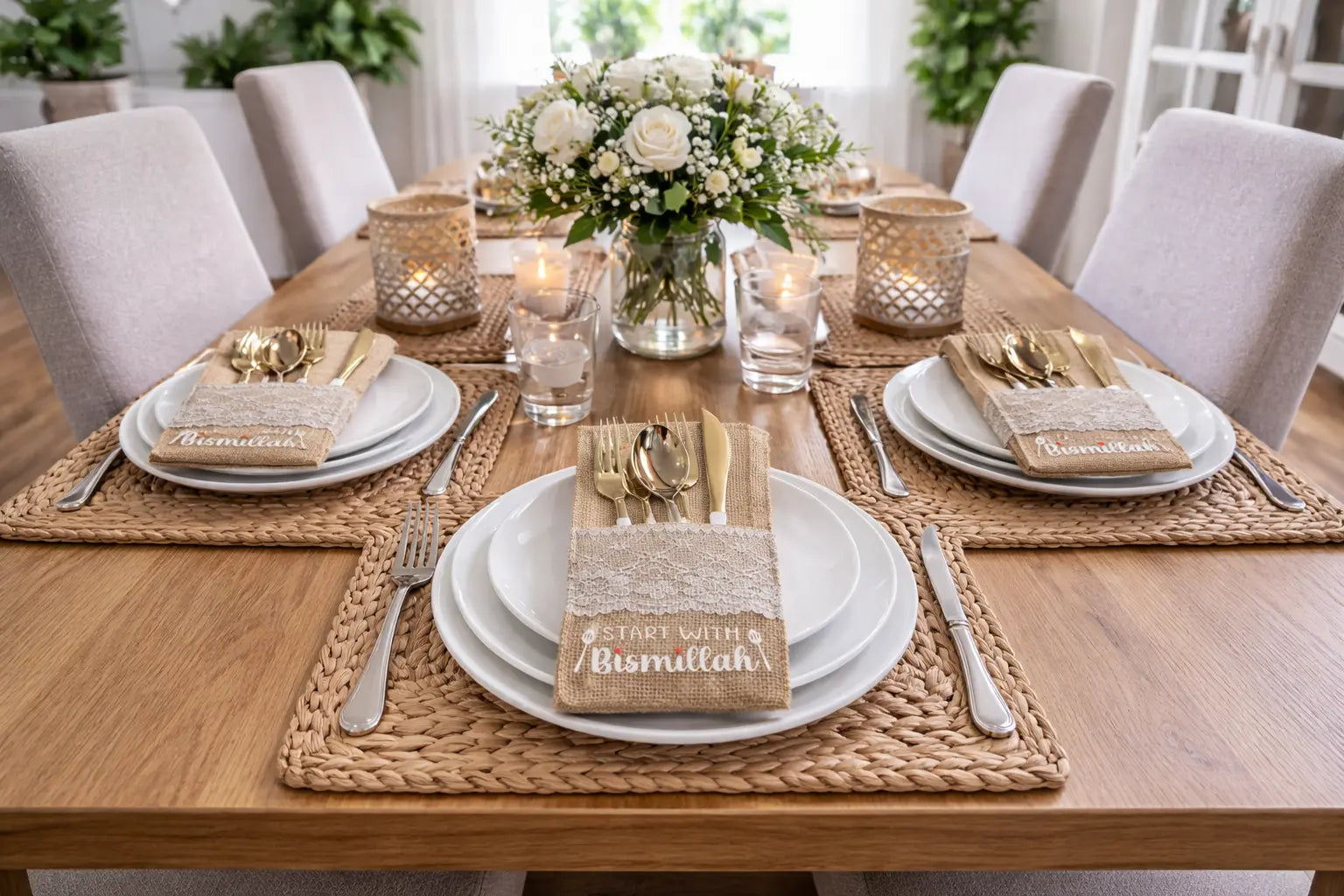 Bismillah burlap cutlery holder set pack of 5 rustic dining table decor