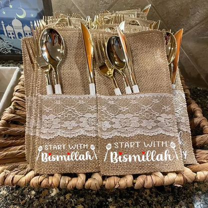 Burlap cutlery holder set with Bismillah print on dining table setup