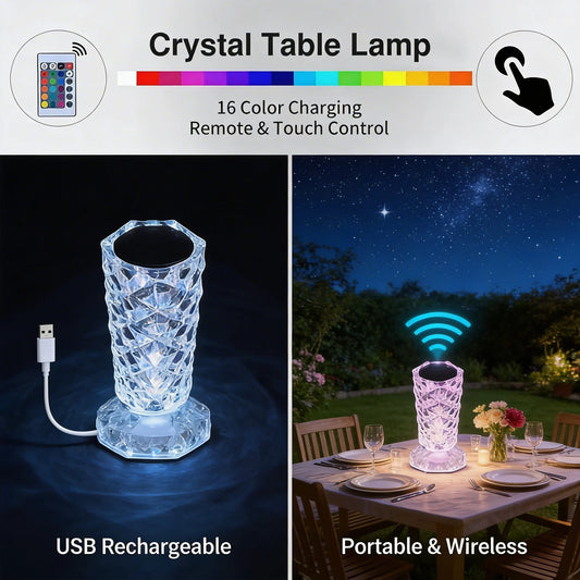 LED Kristall Tischlampe RGB – 16 Farben Vergleich im Split-Screen
