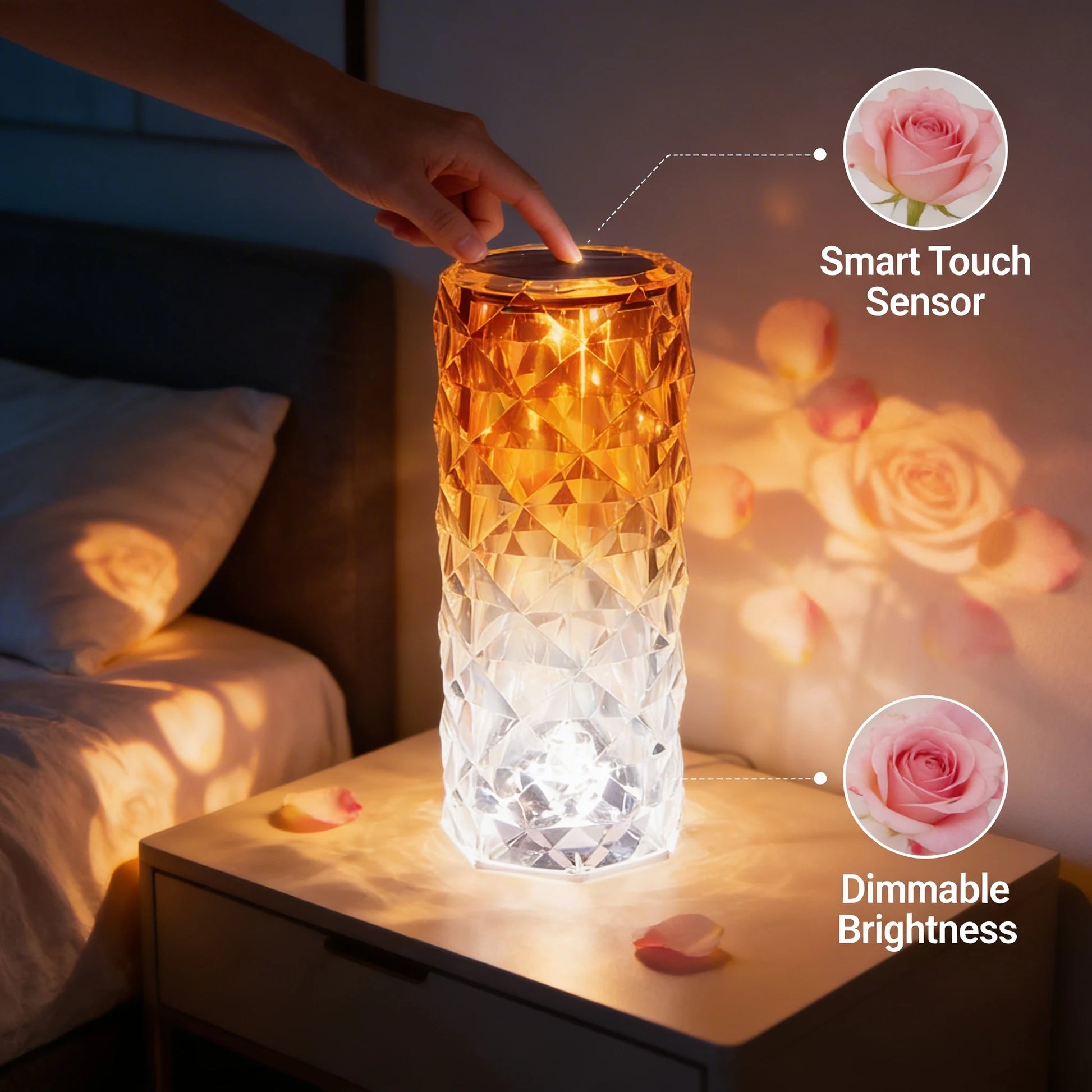 LED Kristall Tischlampe RGB im Einsatz – Stimmungsvolles Lifestyle-Foto