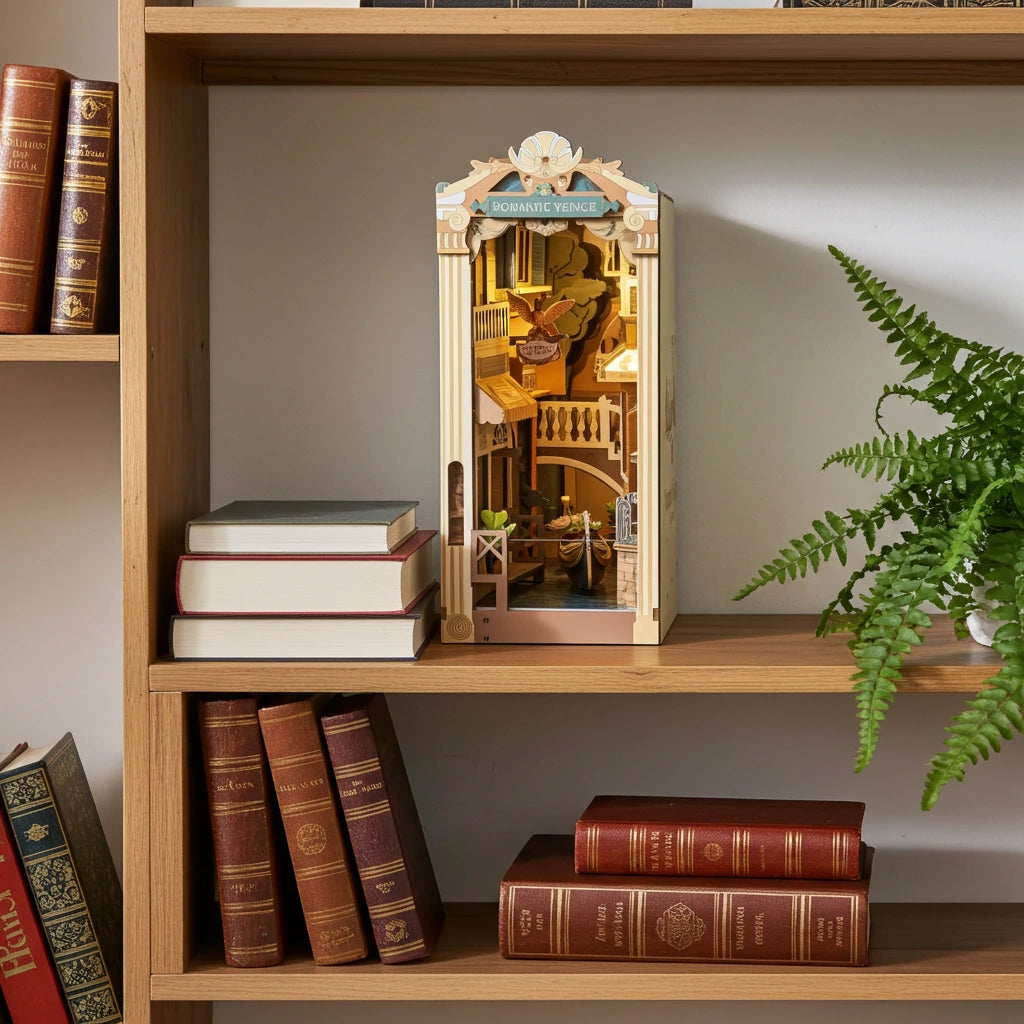 Romantic Venice book nook decorating a home library bookshelf