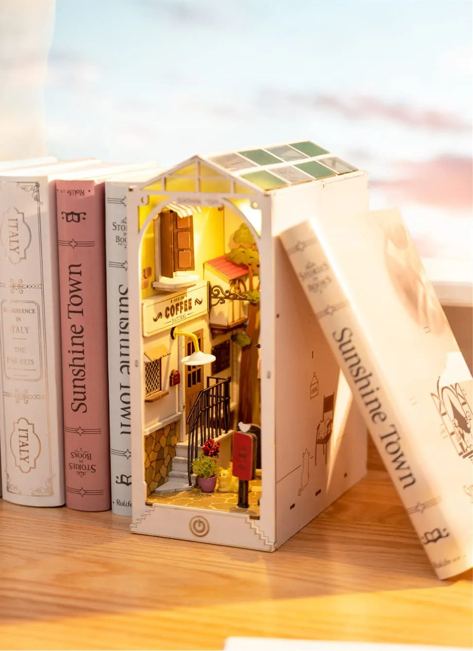 Sunshine Town DIY book nook wooden miniature bookshelf insert with LED lights